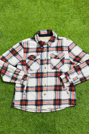 White & Red Sherpa Lined Flannel Shirt (S)