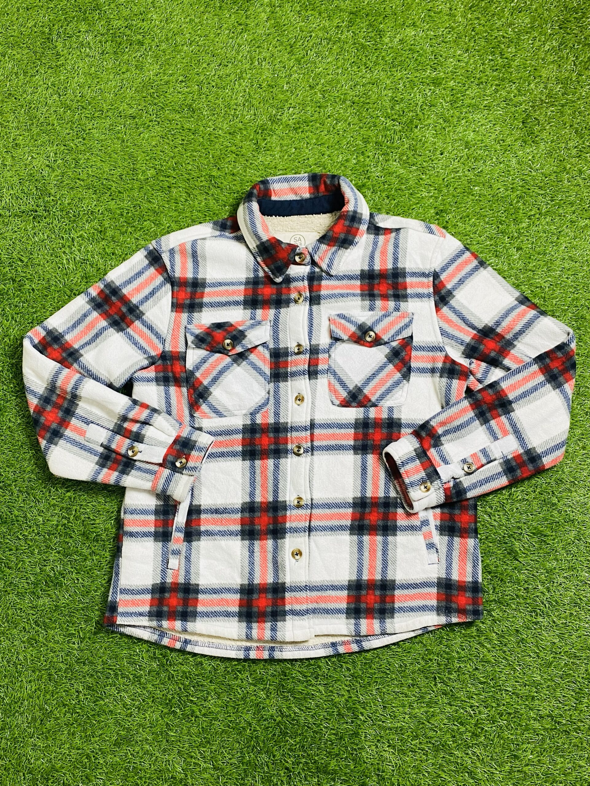 White & Red Sherpa Lined Flannel Shirt (S)