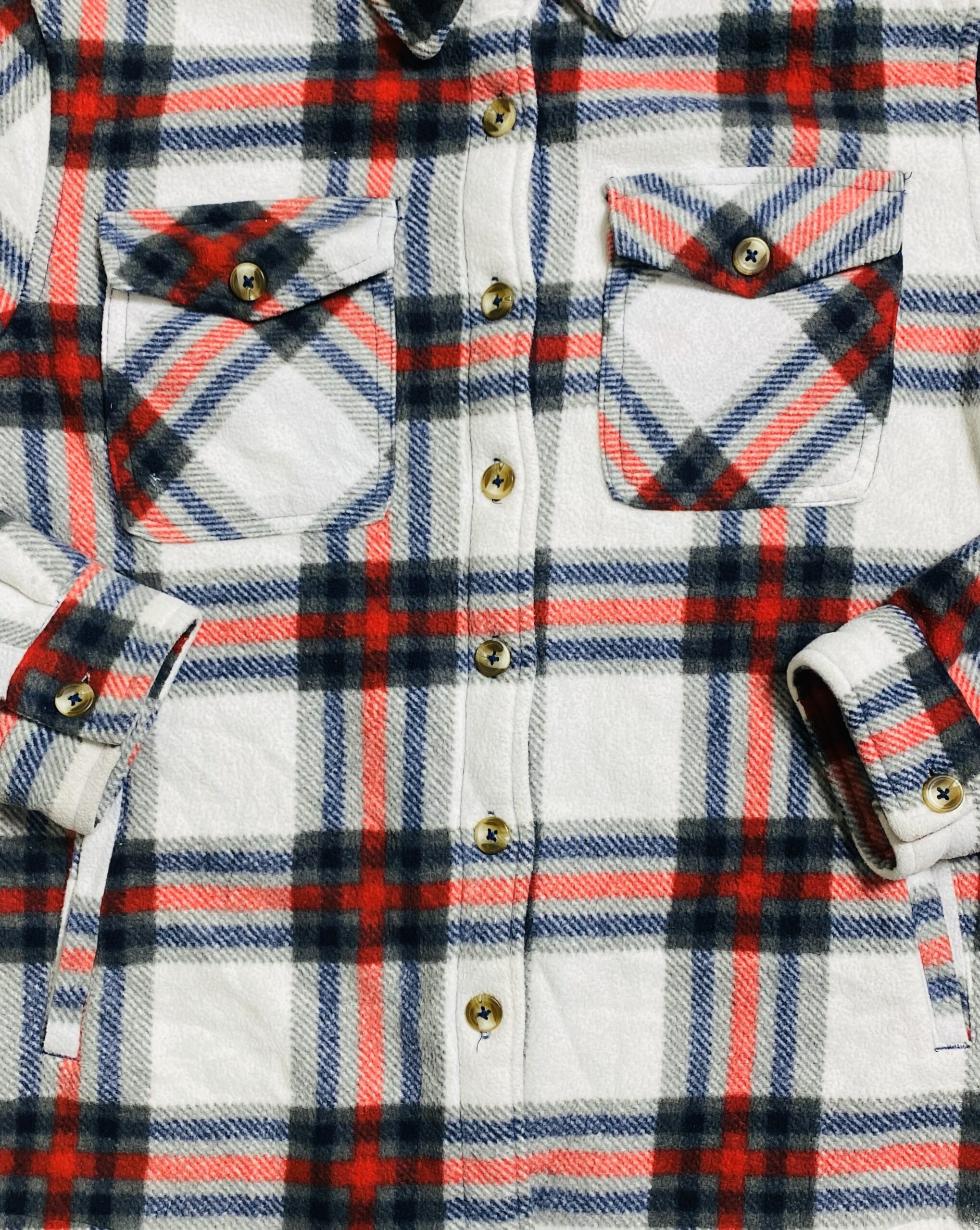 White & Red Sherpa Lined Flannel Shirt (S) - Image 2