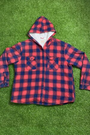 Red & Black Plaid Sherpa-Lined Hooded Flannel Jacket (L)